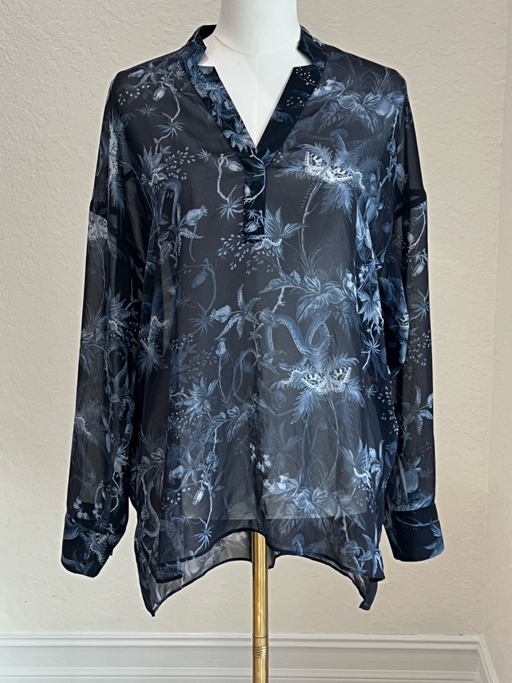 All Saints Sheer Floral Split-Neck Blouse - Navy/Blue